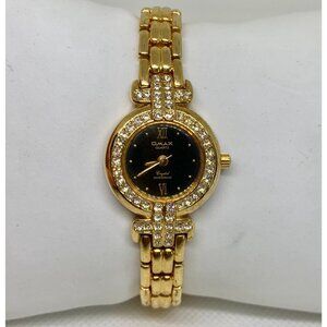 Omax gold tone women watch 22mm round rhinestones quartz analog 7” running